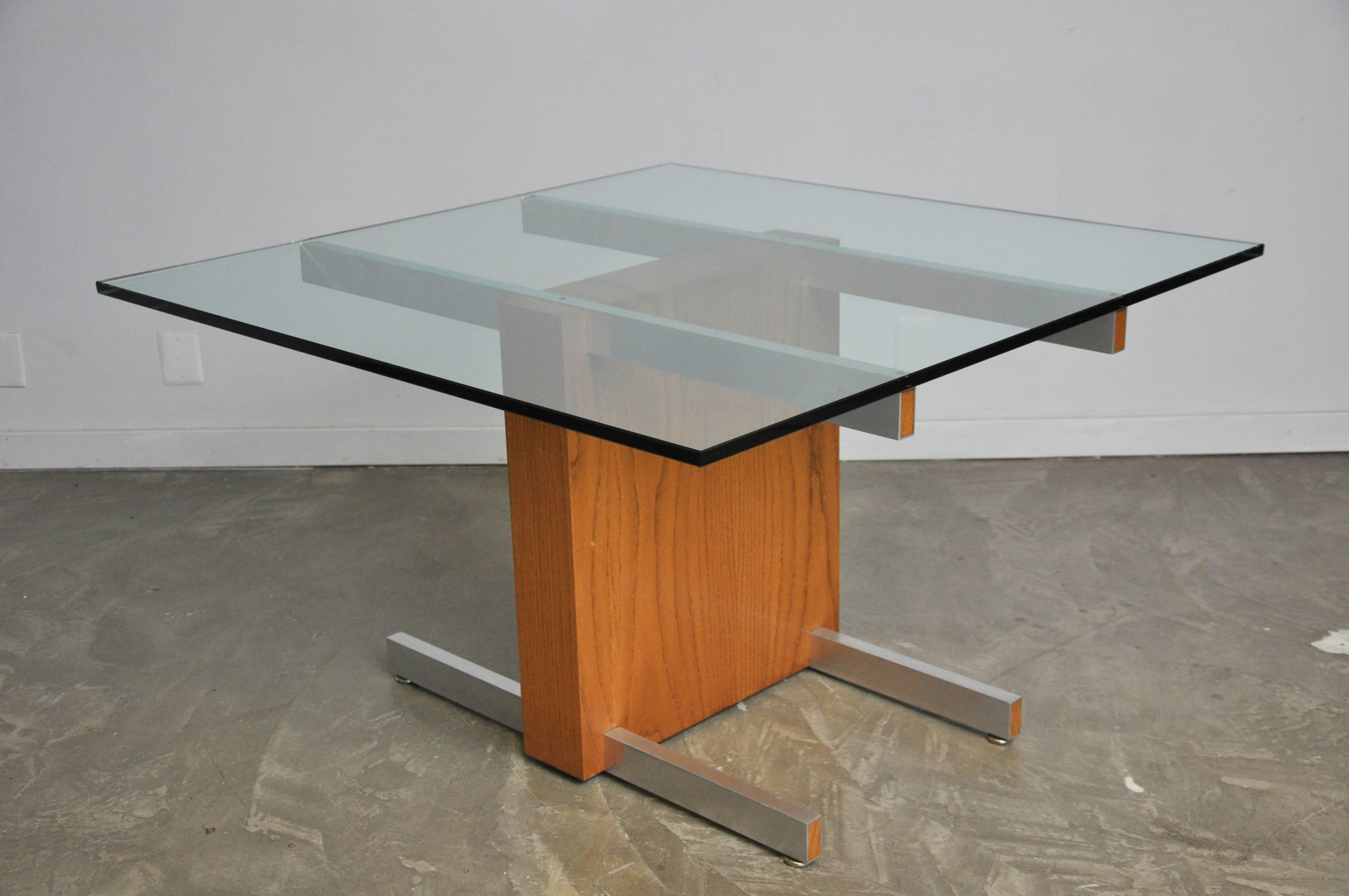 American Vladimir Kagan Large Cubist Extension Dining Table in Oak, Aluminum and Glass