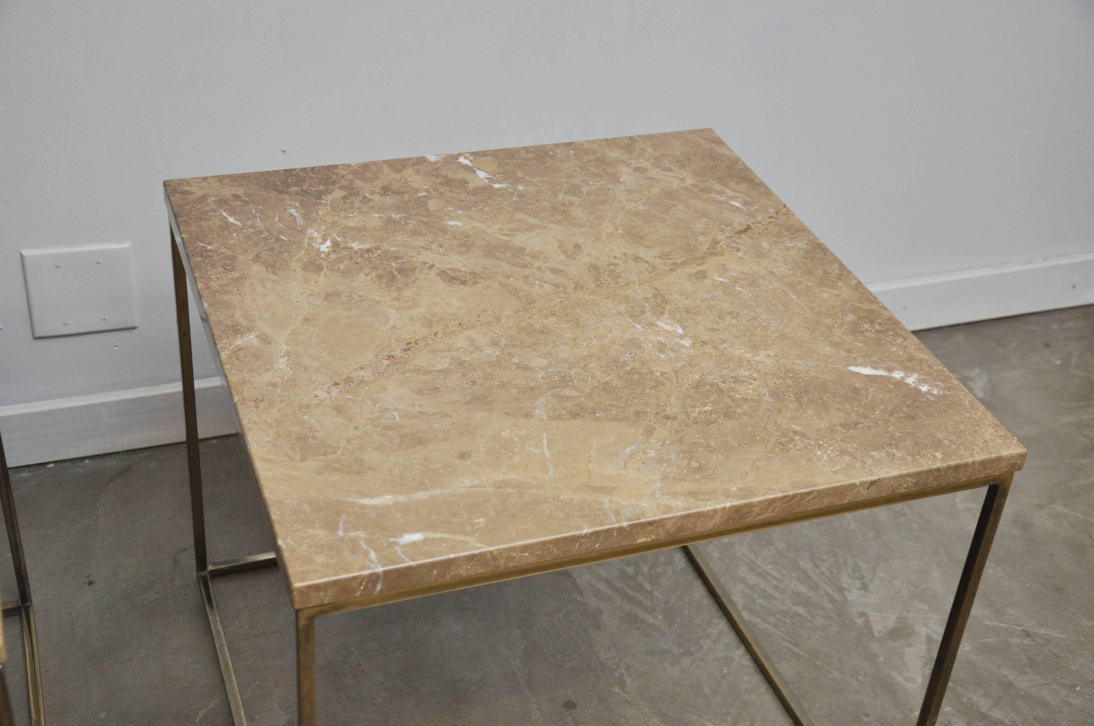 American Milo Baughman Brass and Travertine Side Tables