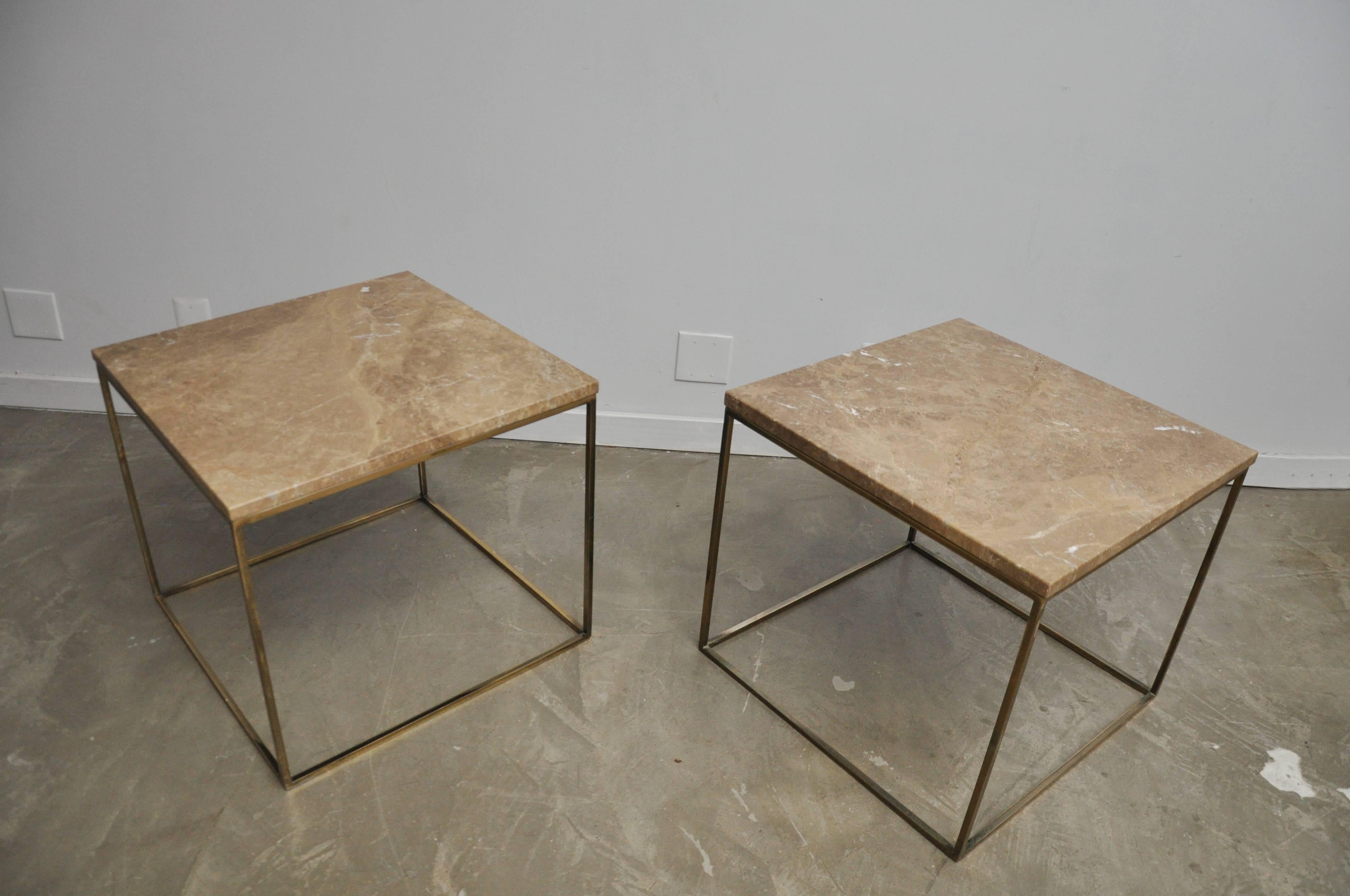 Milo Baughman Brass and Travertine Side Tables In Good Condition In Chicago, IL