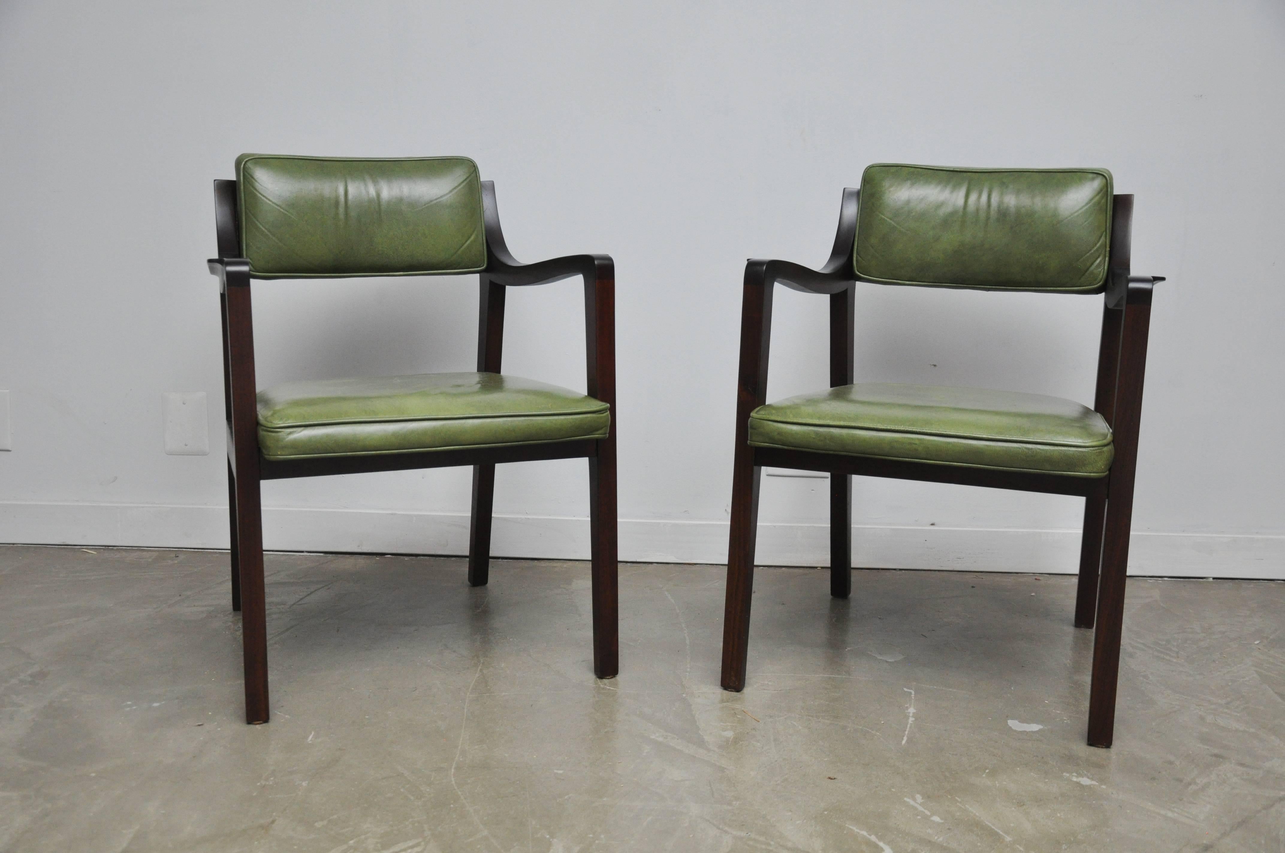 Pair of Riemerschmidt armchairs in original green leather. Frames have been meticulously refinished. Gorgeous leather has been cleaned and conditioned.