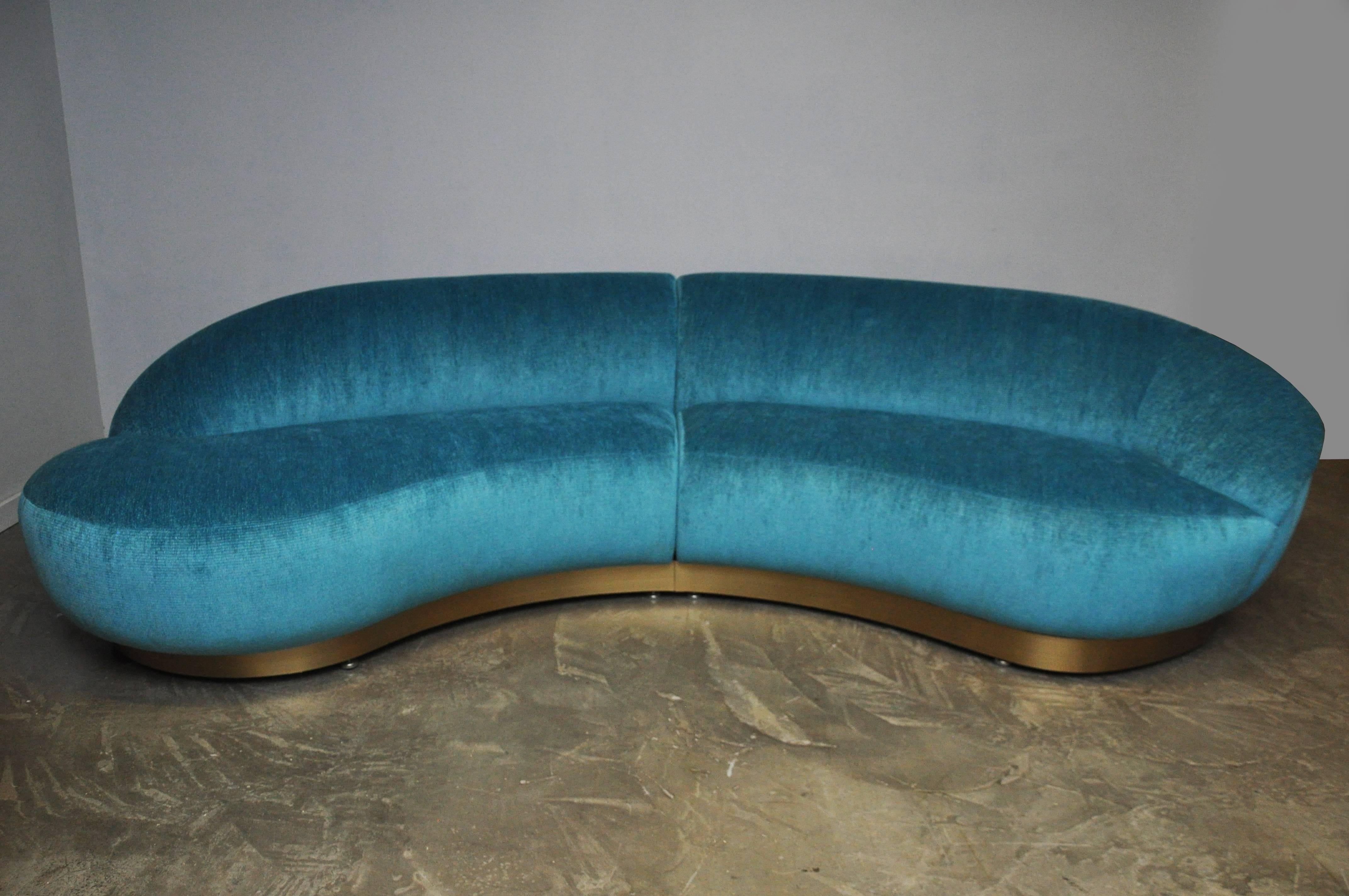 Two-piece sectional by Milo Baughman for Thayer-Coggin. Fully restored. New turquoise velvet over brushed bronze base.