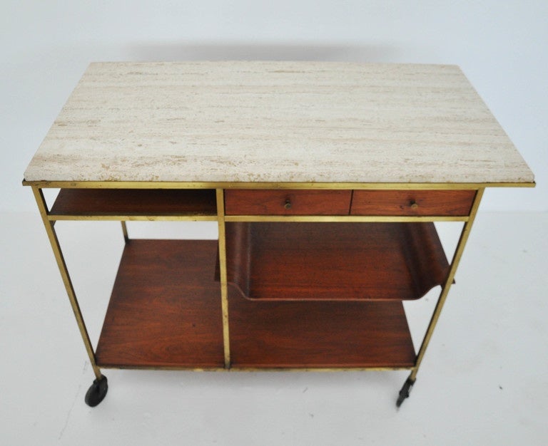 American Travertine and Brass Bar Serving Cart by Paul McCobb