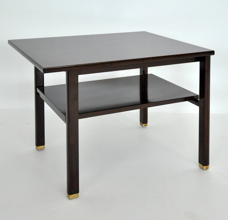 Dunbar end table with cantilever edge by Edward Wormley. Original dark espresso finish is in excellent condition.