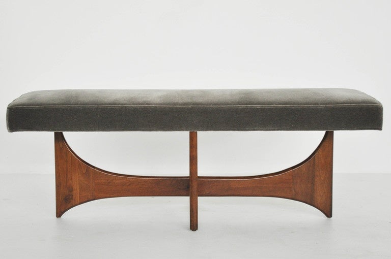 Sculptural form bench by Adrian Pearsall.  Refinished walnut base with new mohair cushion.