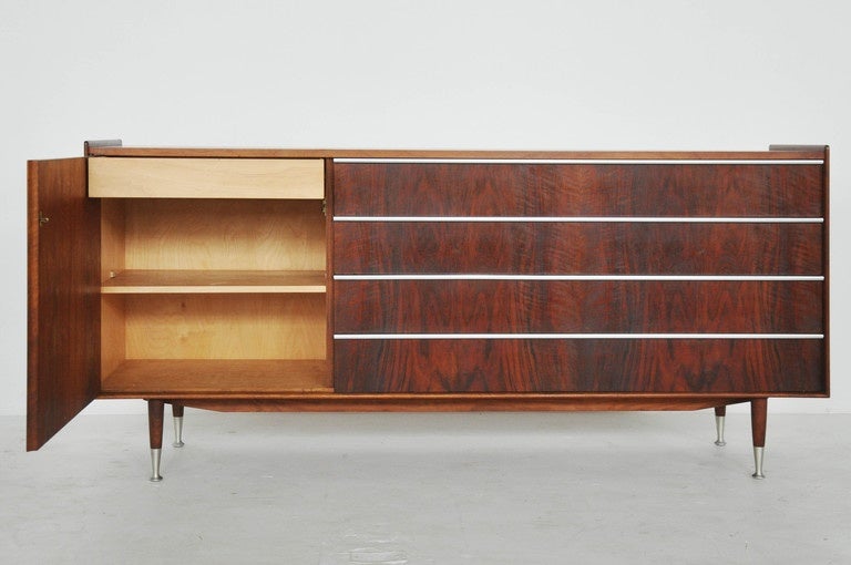 Swedish William Hinn Sideboard, Sweden 1950s, Walnut with Inlaid Aluminium