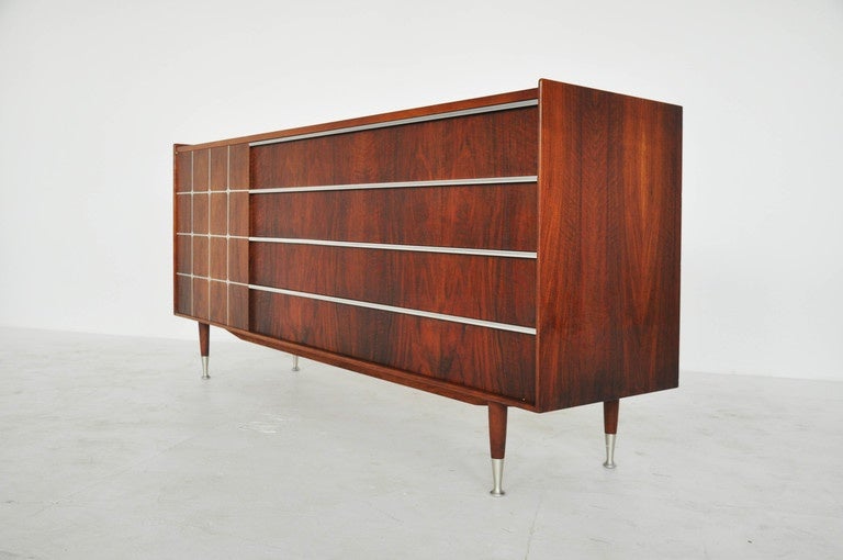William Hinn Sideboard, Sweden 1950s, Walnut with Inlaid Aluminium In Good Condition In Chicago, IL