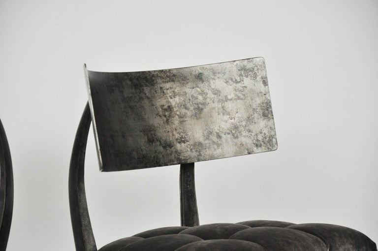 Set of four steel frame Klismos chairs. New silk velvet upholstery.
