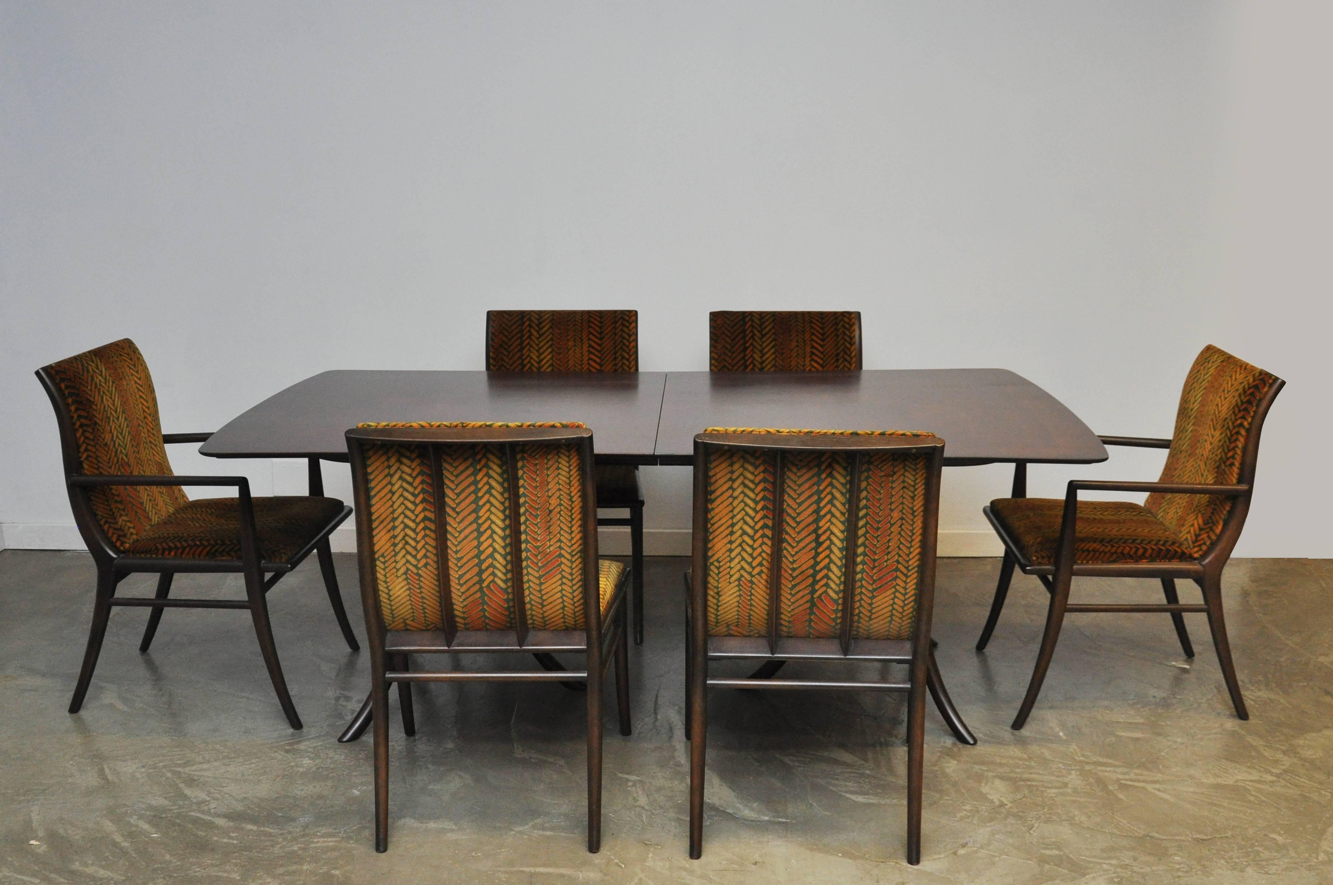 Designed by T.H. Robsjohn-Gibbings. Six dining chairs: Two armchairs, four side chairs. Original Jack Lenor Larsen velvet with new padding. Fully restored set.
 