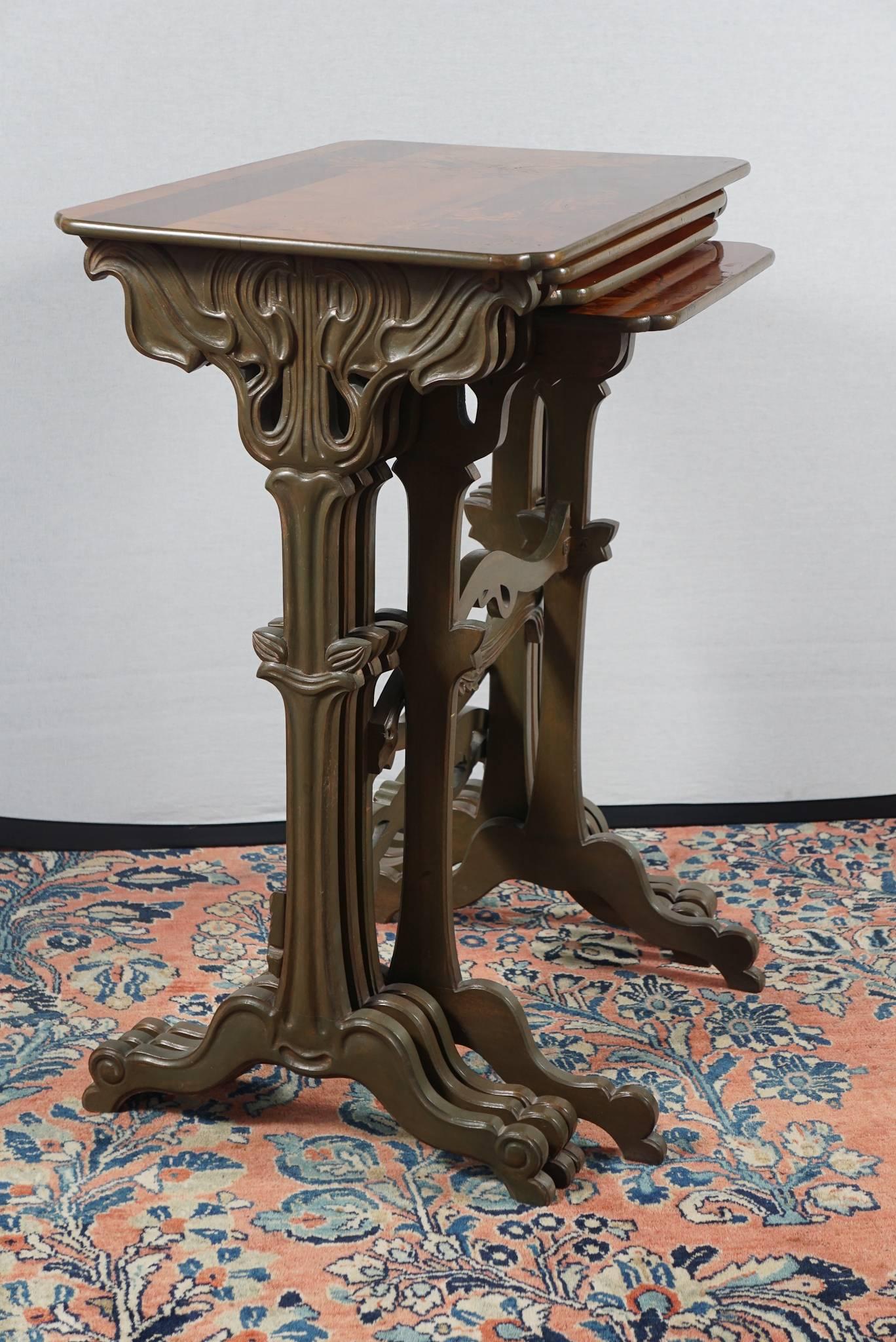 Fruitwood Emil Gallé French Art Nouveau Nesting Tables, circa 1900 For Sale
