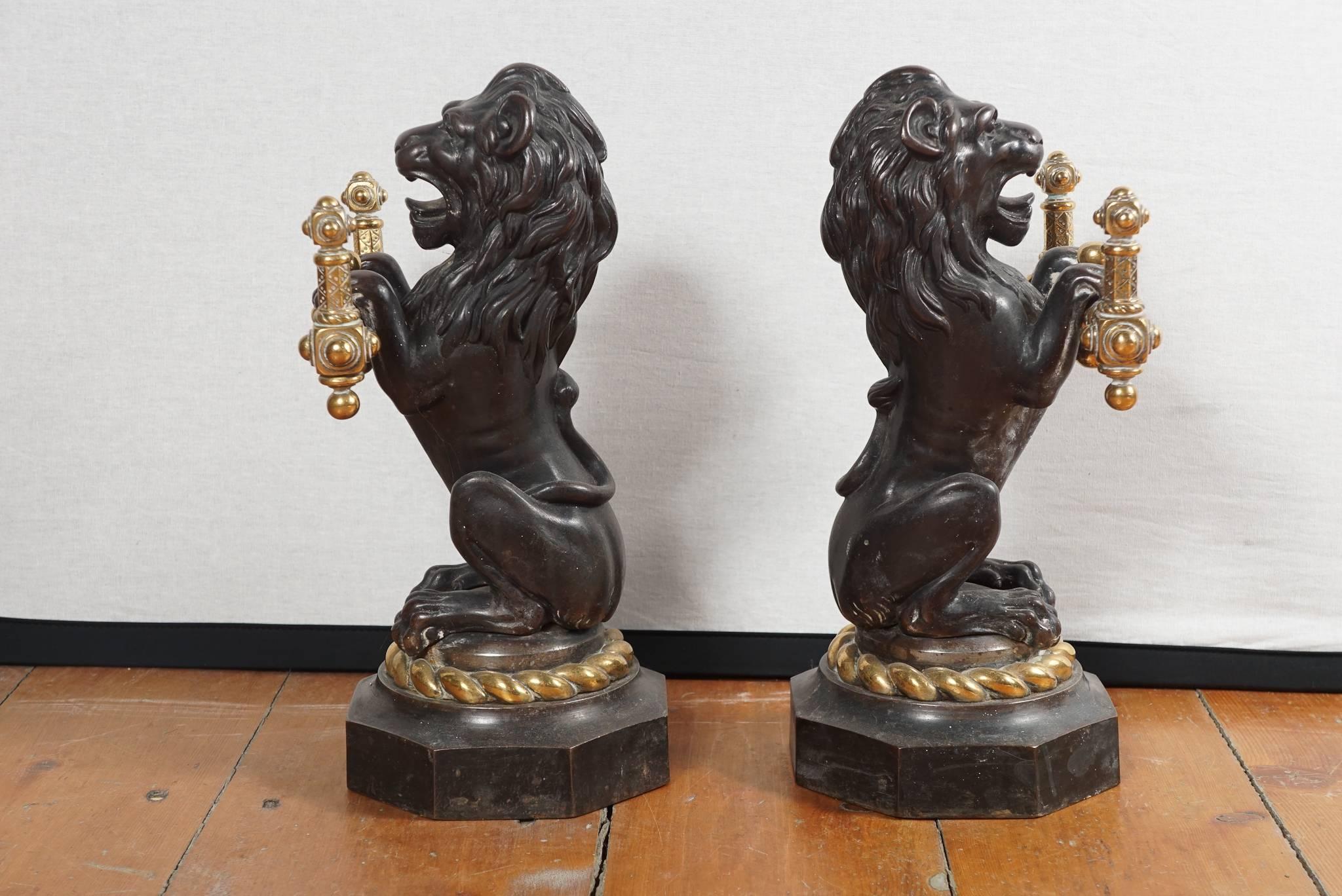 Regency Pair of English 19th Century Lion Form Bronze and Brass Fire Tool Holders