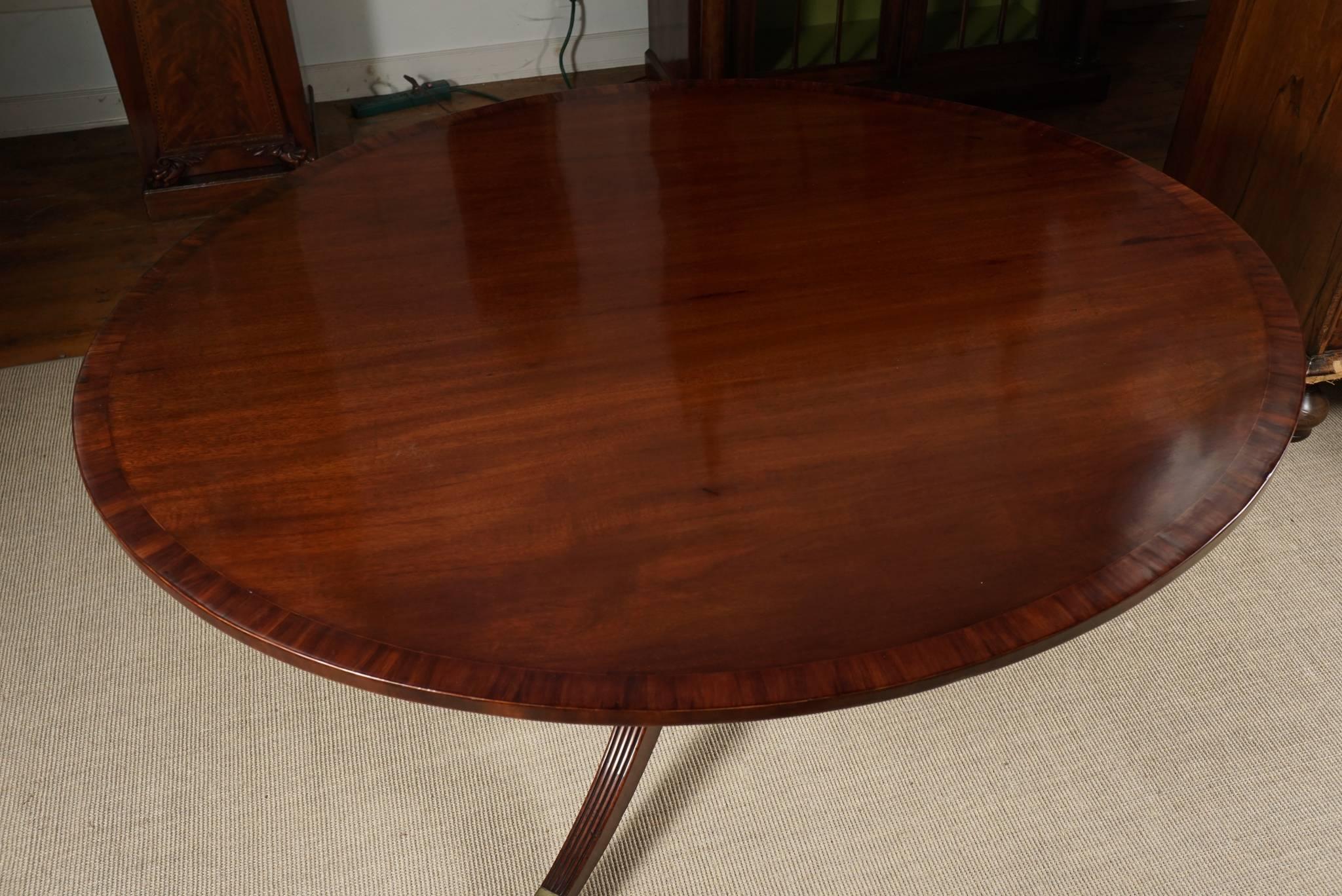 Nice English 18th century mahogany oval tilt-top breakfast or dining table. Crossbanded top. Great color and proportions. On a turned stem with three down swept legs ending in brass cap toes and casters, circa 1790.