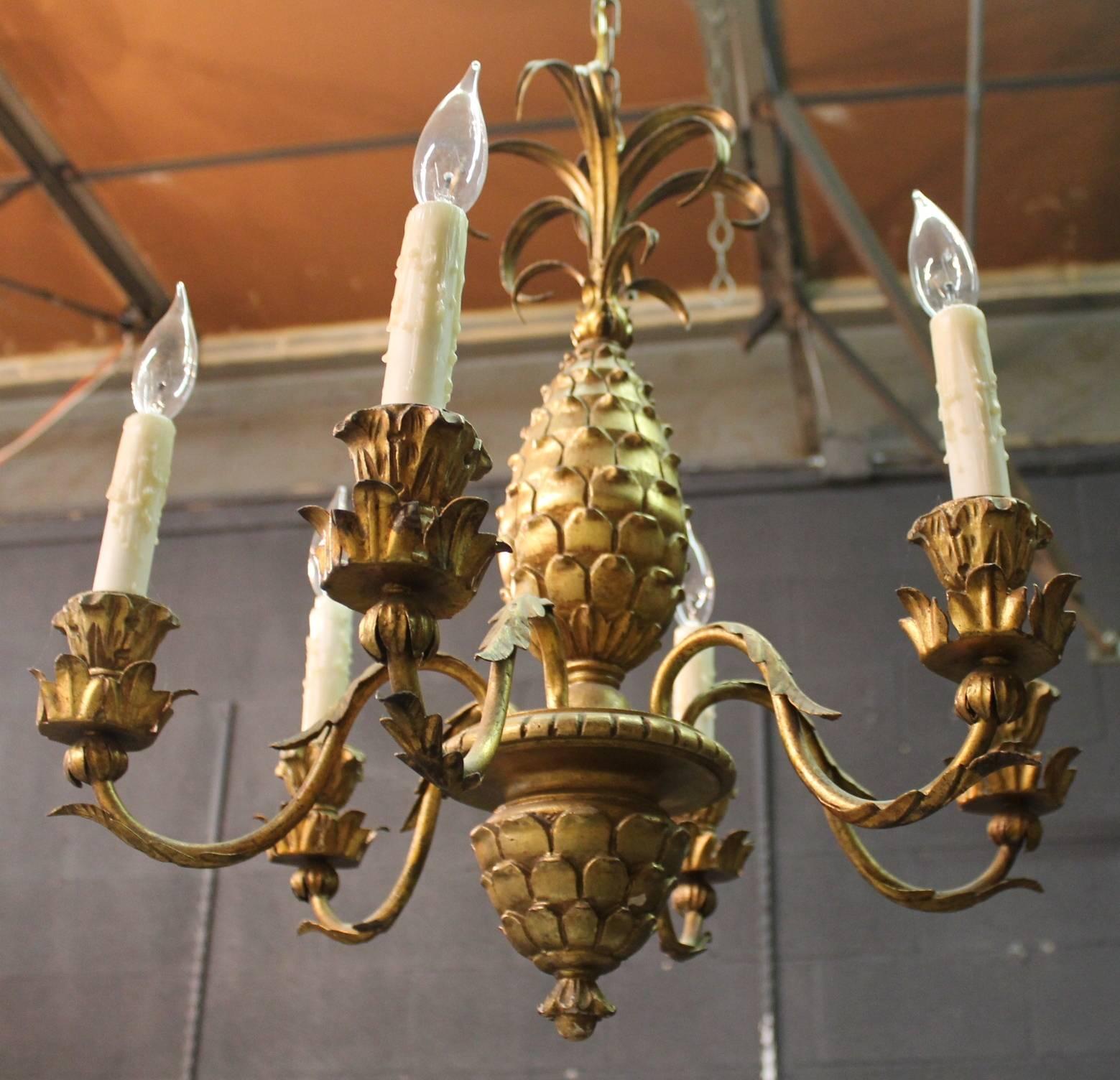 Italian Carved Giltwood Pineapple Chandelier For Sale 4