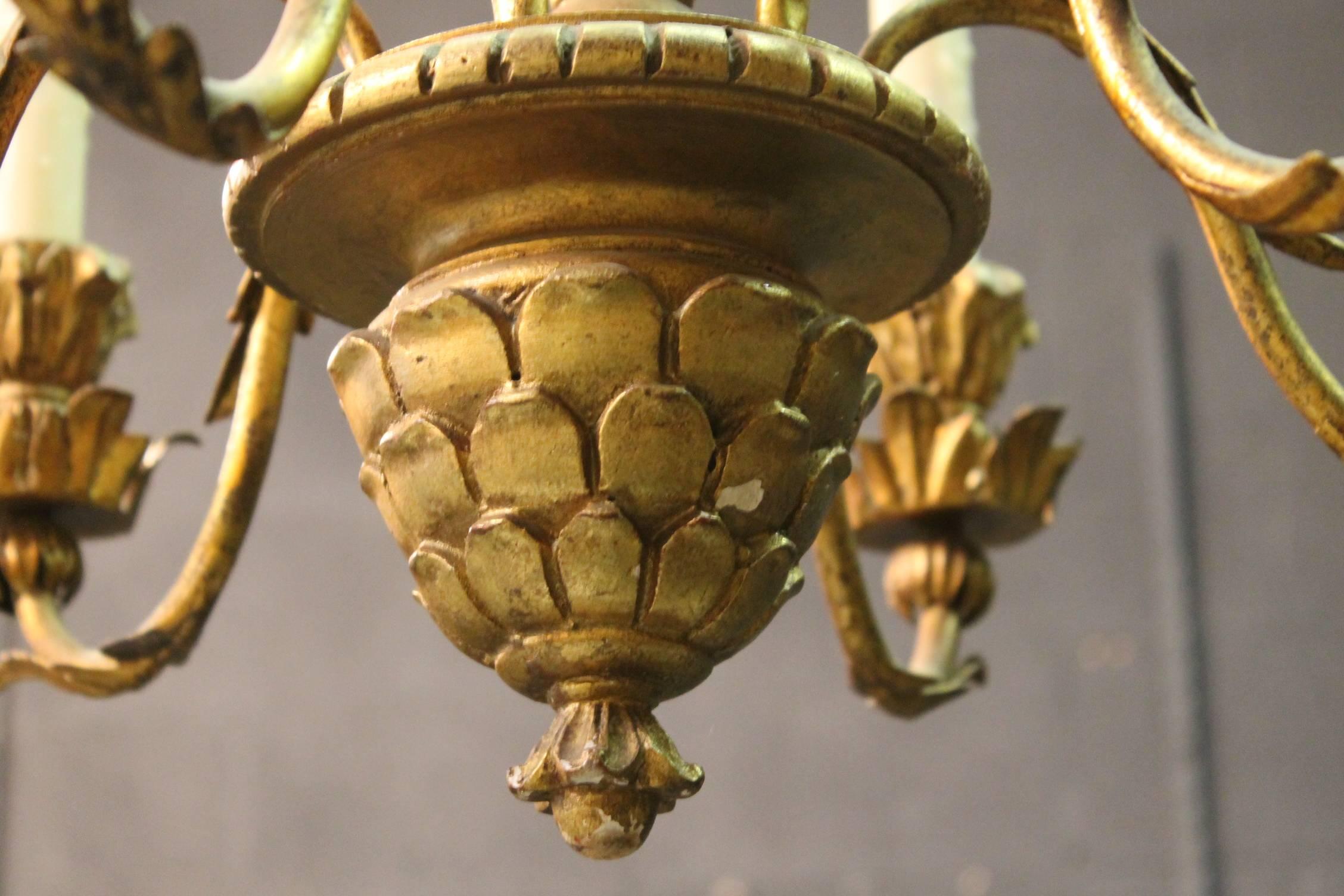 20th Century Italian Carved Giltwood Pineapple Chandelier For Sale
