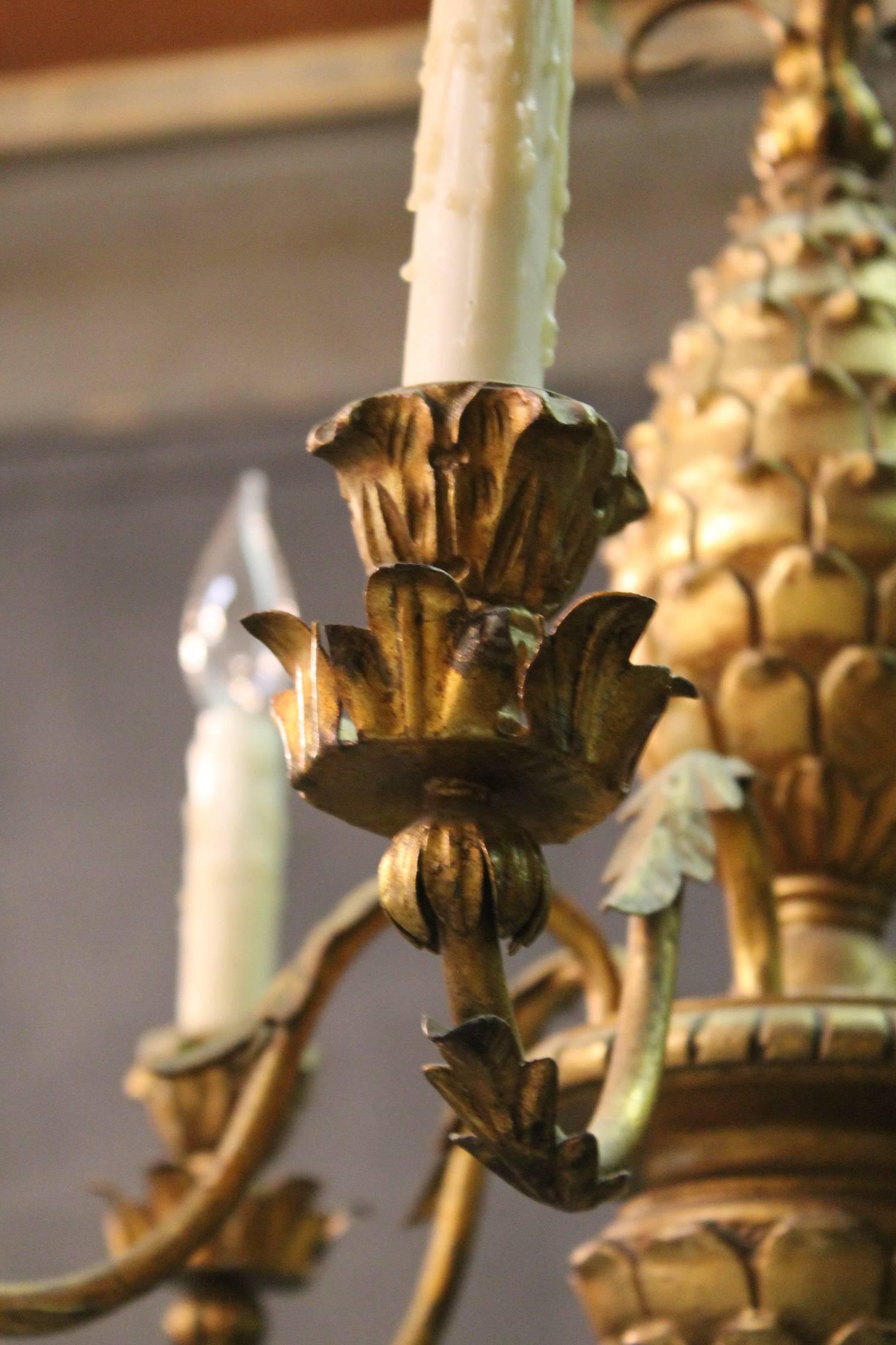 Italian Carved Giltwood Pineapple Chandelier For Sale 3