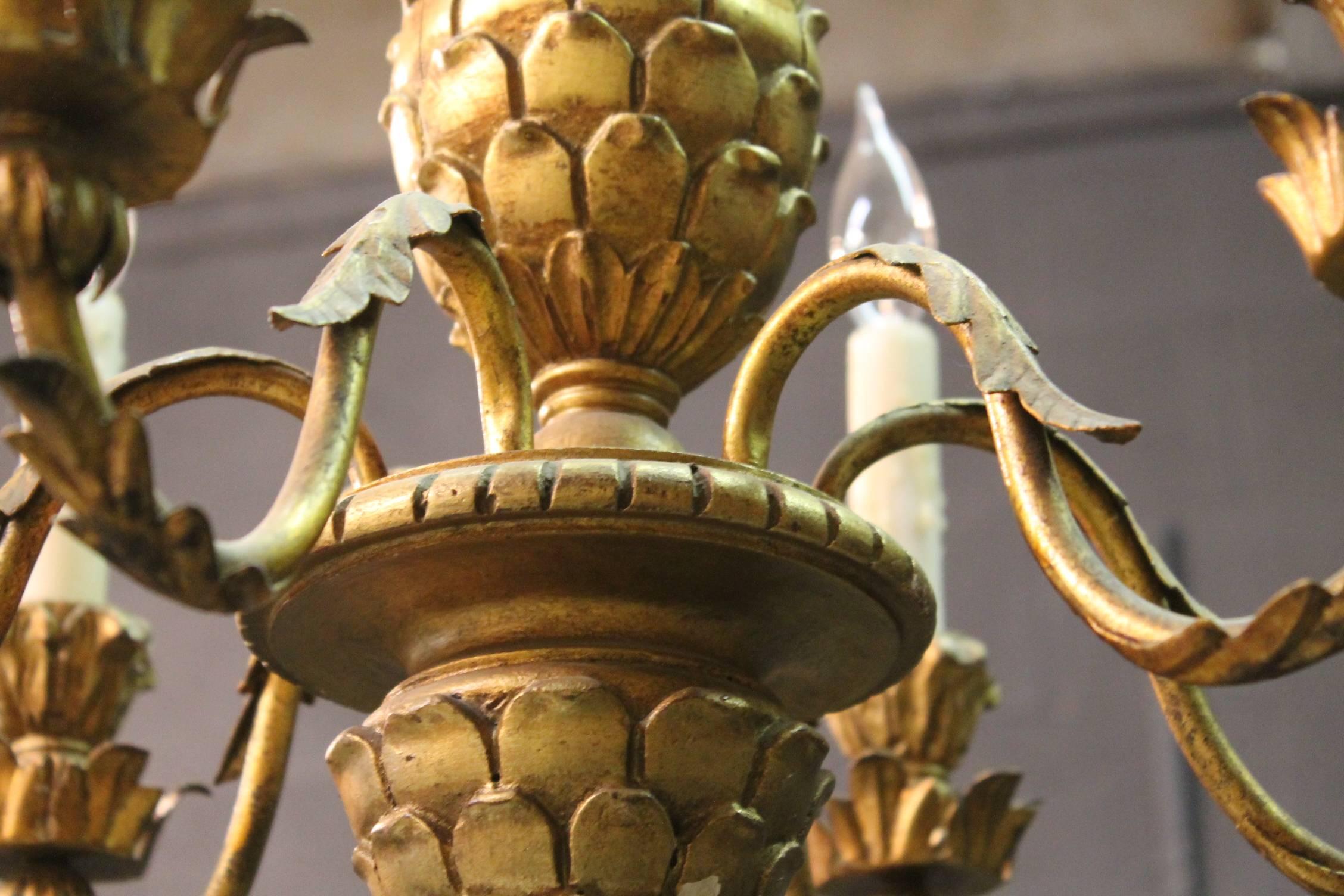 Italian Carved Giltwood Pineapple Chandelier For Sale 2