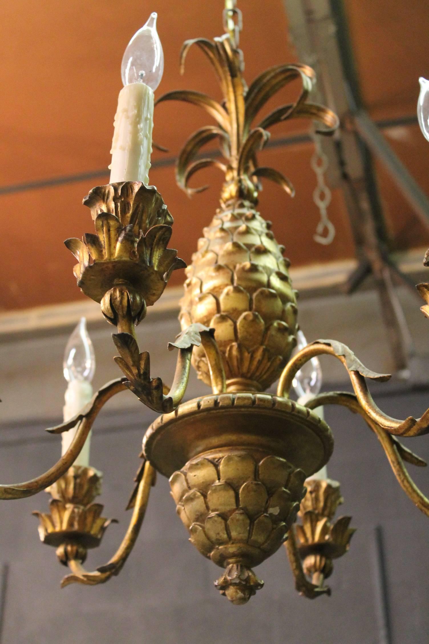 Italian Carved Giltwood Pineapple Chandelier For Sale 5