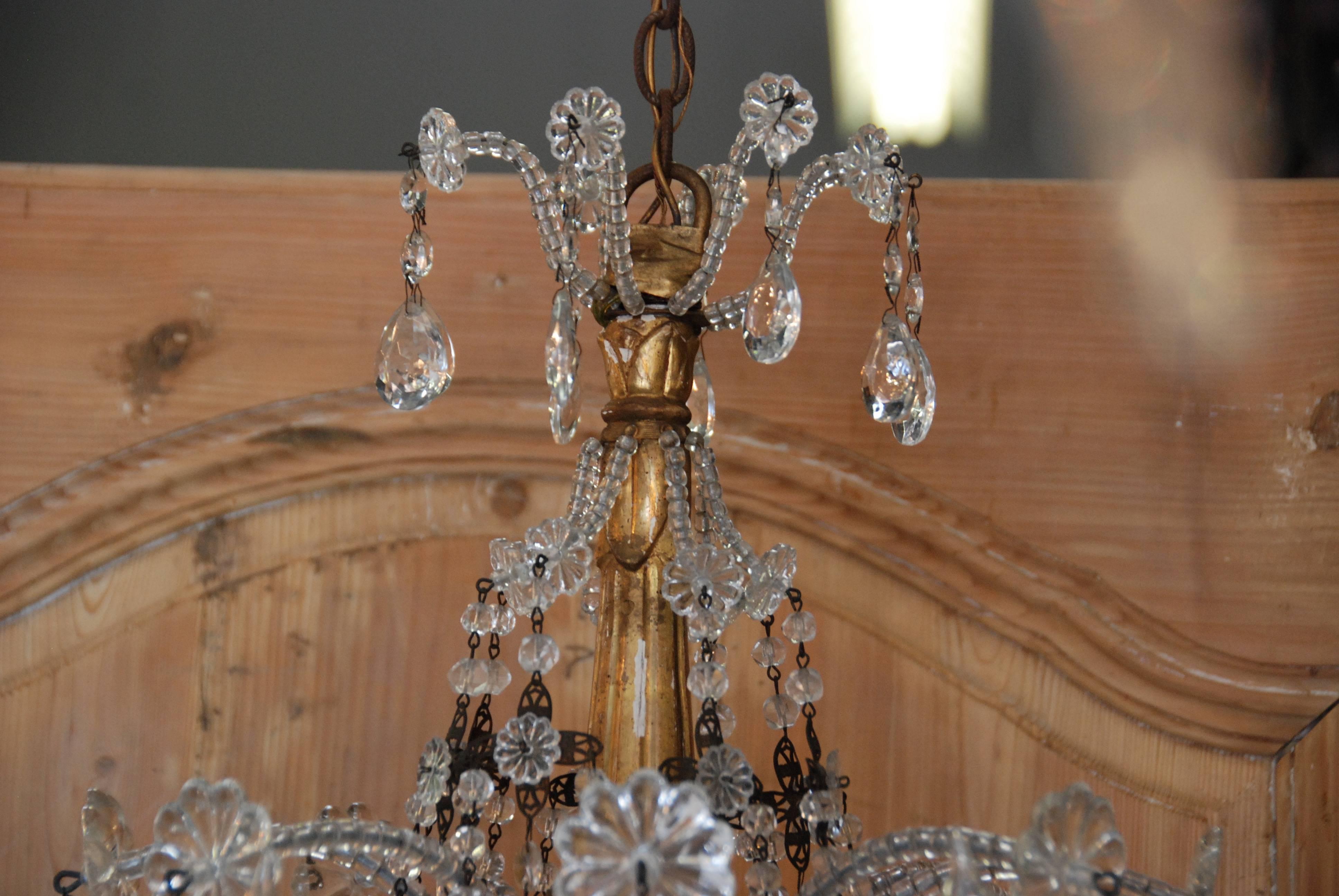 19th Century Italian Crystal and Gilded Wood Chandelier In Excellent Condition For Sale In Encinitas, CA