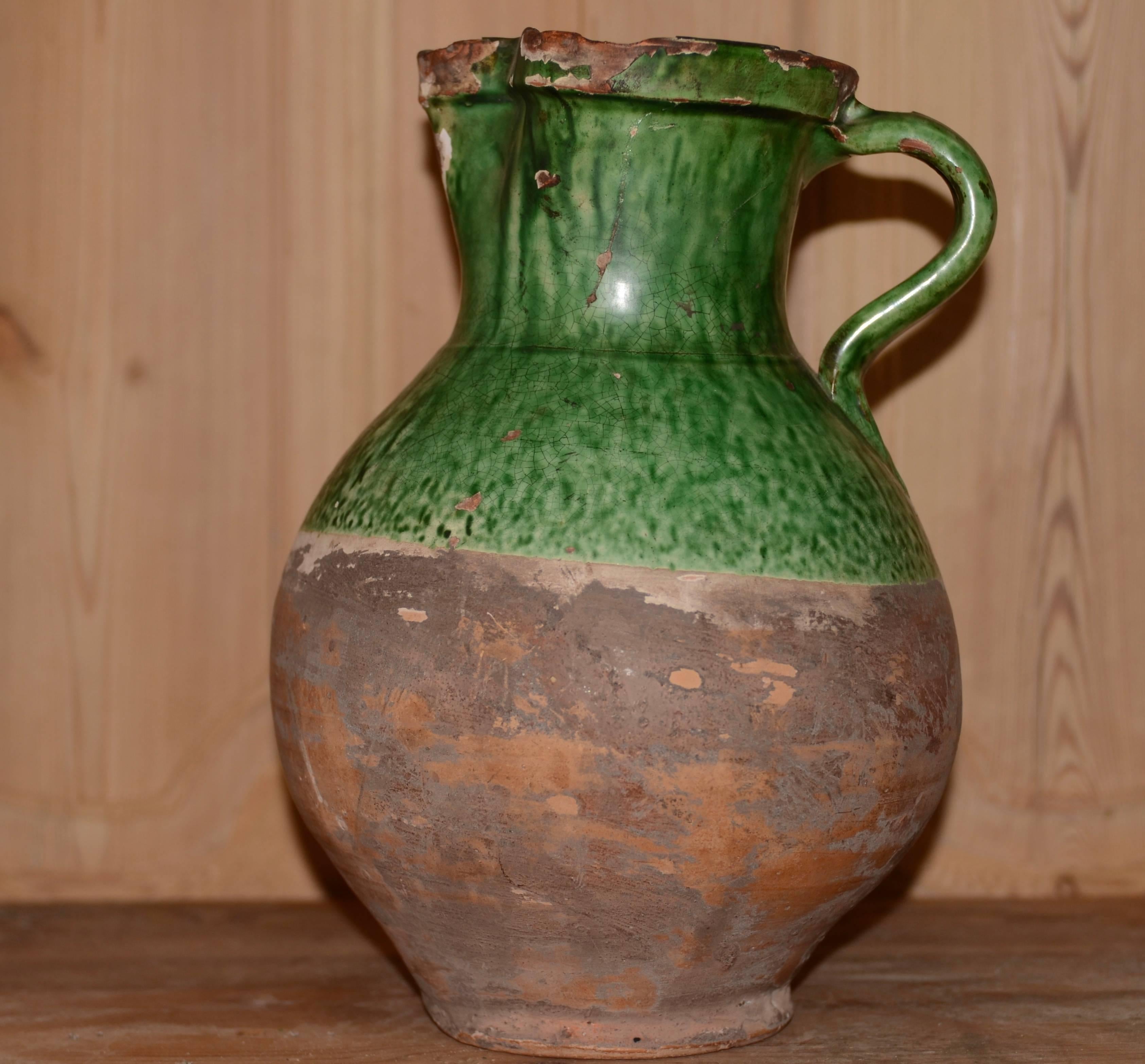 19th Century French Green Glazed Pichet / Pitcher In Good Condition For Sale In Encinitas, CA