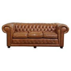 Light brown/cream-colored cowhide leather English 2.5-seater Chesterfield