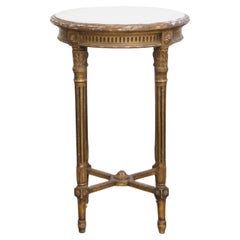 Antique French table d'appoint ronde dorée avec un plateau en marbre