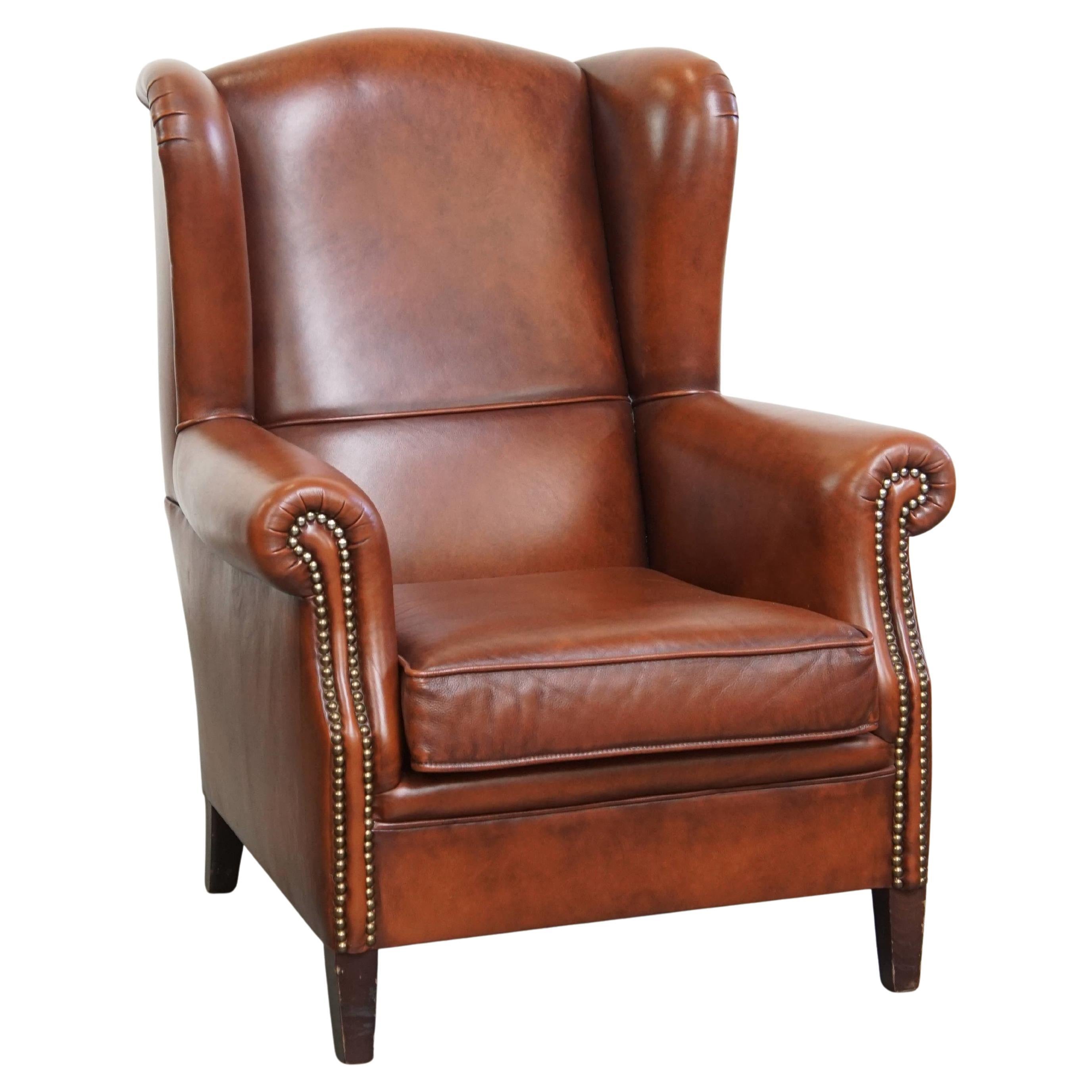 Chaise Wingback de style anglais en cuir de vachette