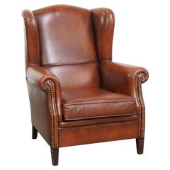 Chaise Wingback de style anglais en cuir de vachette