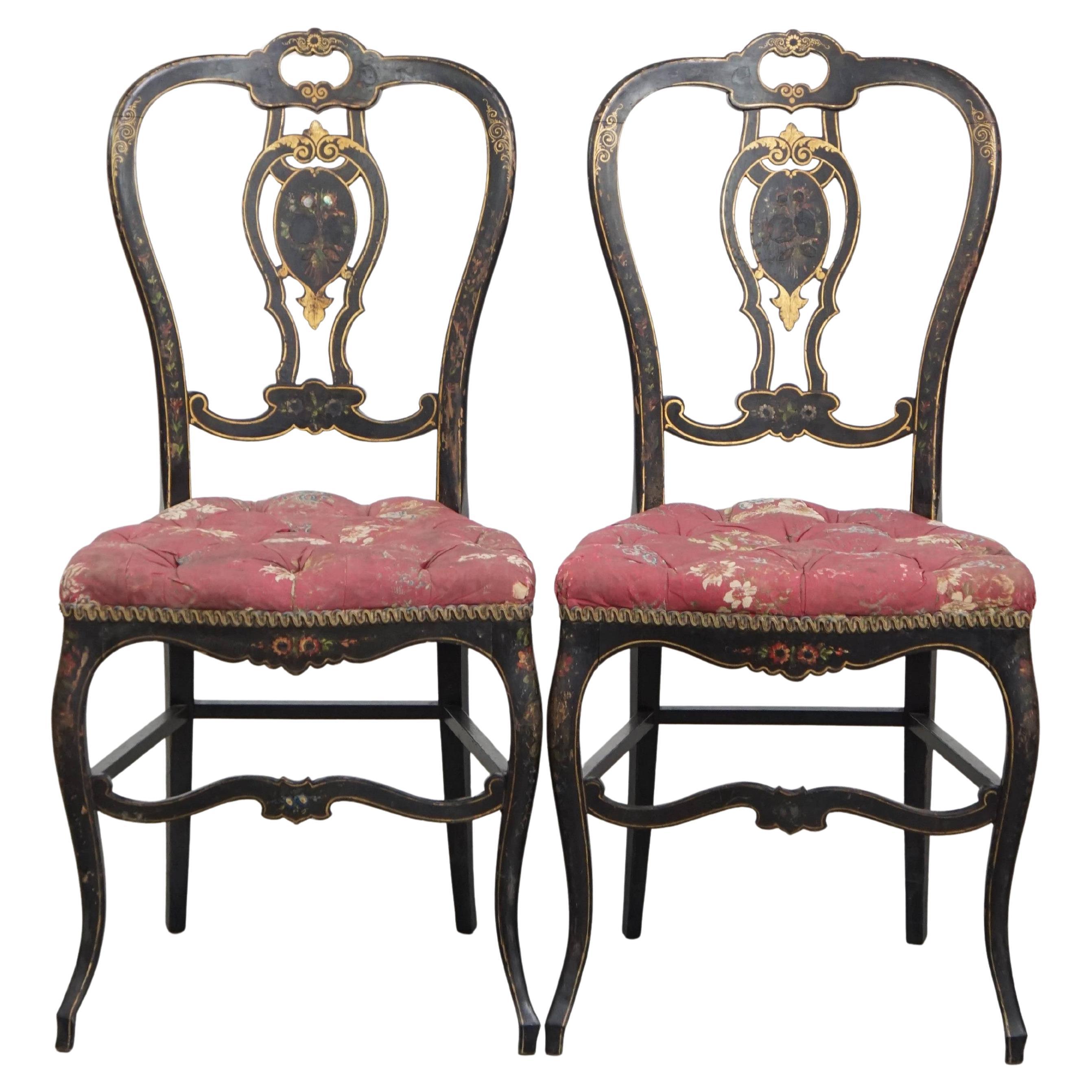 Satz von 2 antiken französischen Stühlen Napoleon III mit Perlmuttintarsien im Angebot