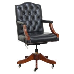Sillón de oficina Chesterfield de piel de vacuno azul oscuro/negro con ruedas