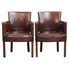 Juego de 2 sillas de comedor de diseño Ralph Lauren de piel de vaca color coñac