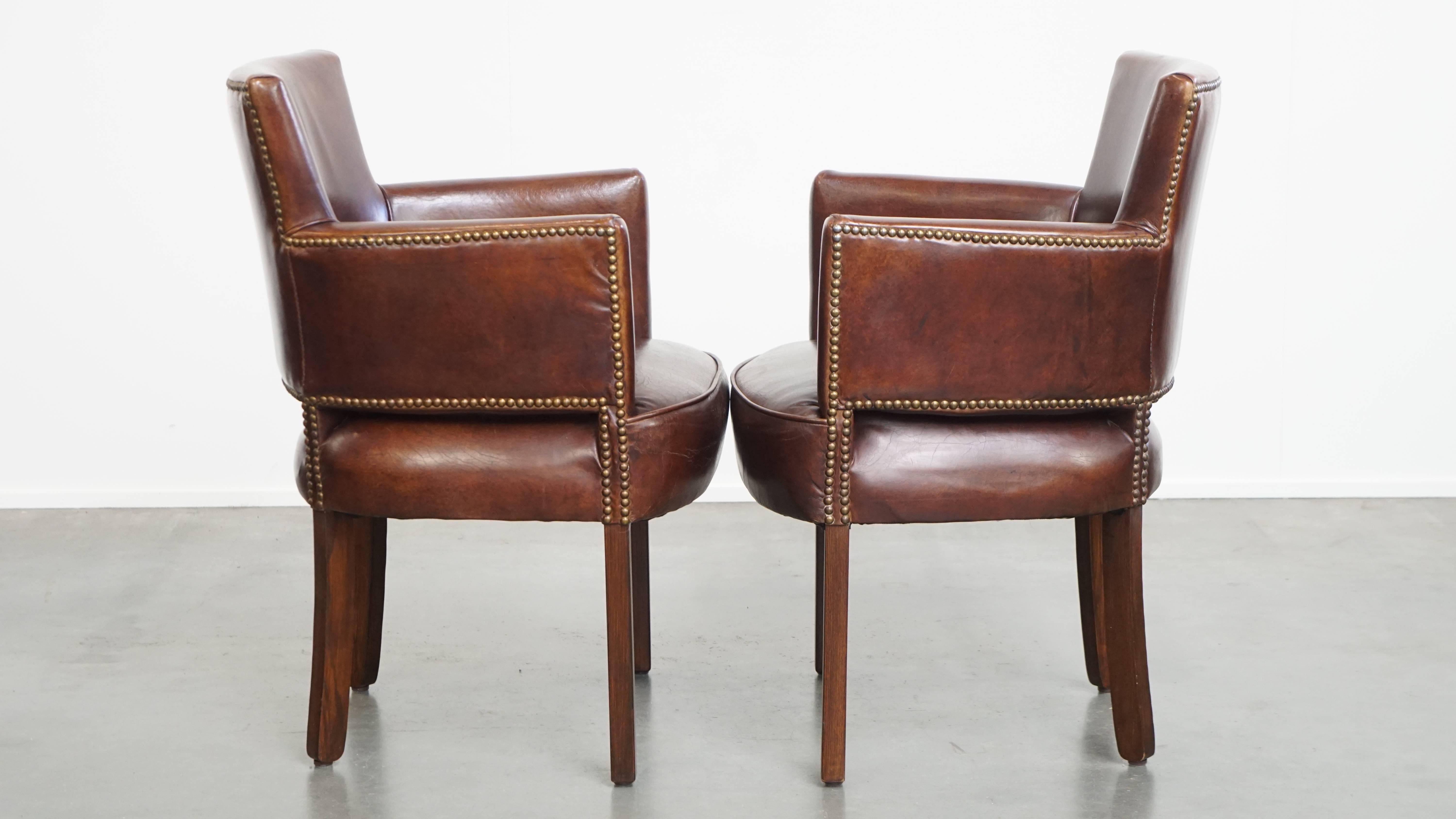 Juego de 2 sillas de comedor de diseño Ralph Lauren de piel de vaca color coñac Romano clásico en venta