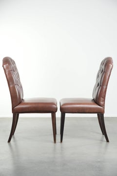 Set of 2 cognac-coloured vintage cow leather chesterfield dining chairs