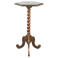 Antique tall oak plant/side table with wood carving and a turned leg