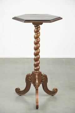 Antique tall oak plant/side table with wood carving and a turned leg