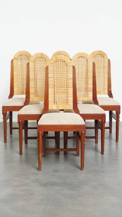 Vintage set of six Art Deco design dining chairs made of cane and wood