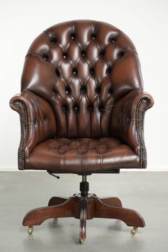 Brown cowhide leather Chesterfield office chair in luxurious English style