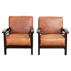 Juego de 2 sillones Art Déco de piel de vaca color coñac del siglo XX