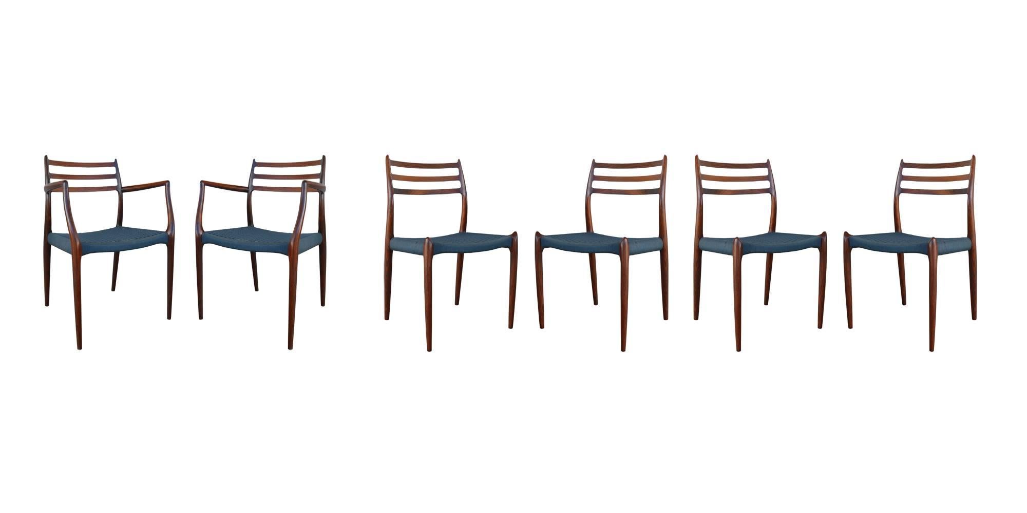 20th Century Niels Otto Moller Rosewood Dining Chairs #62 and #78 with Original Cord Seats