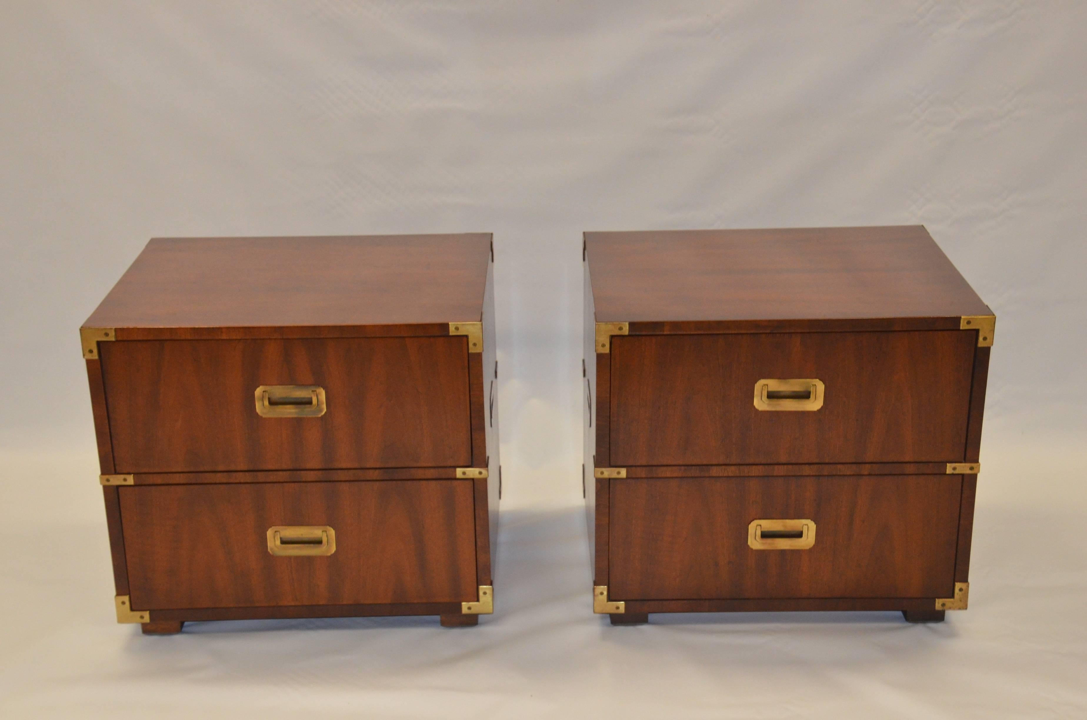 Pair of Campaign Nightstands in Walnut and Brass by Henredon 2