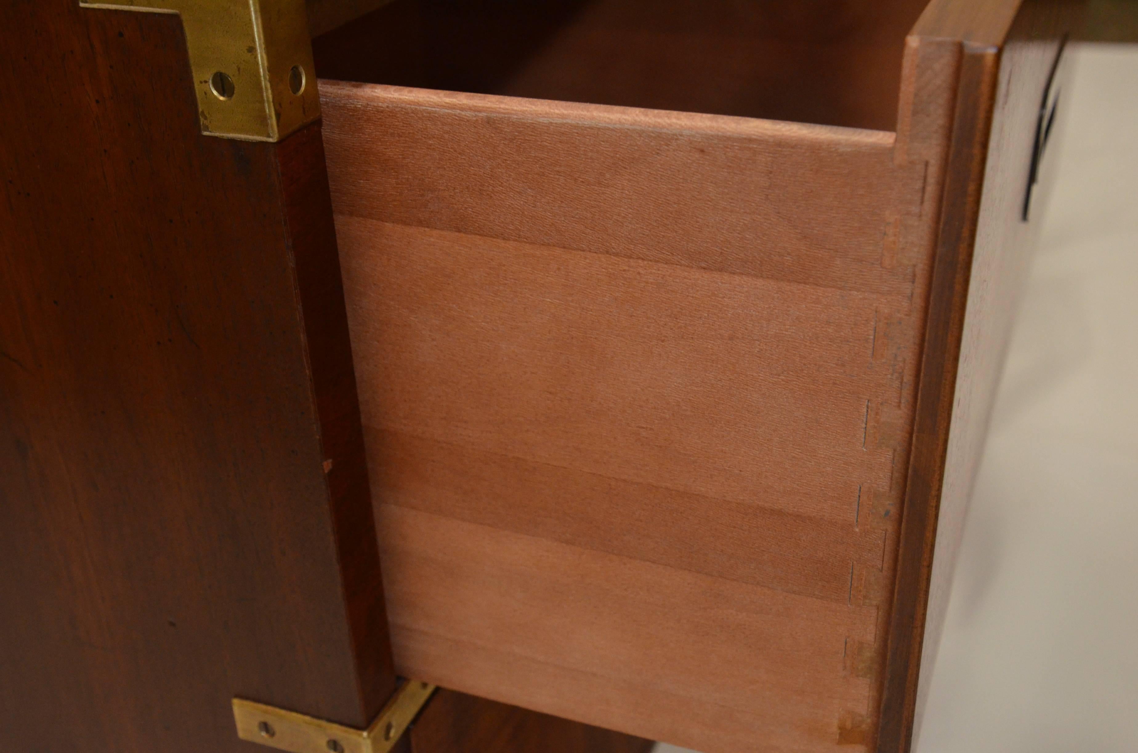 American Pair of Campaign Nightstands in Walnut and Brass by Henredon