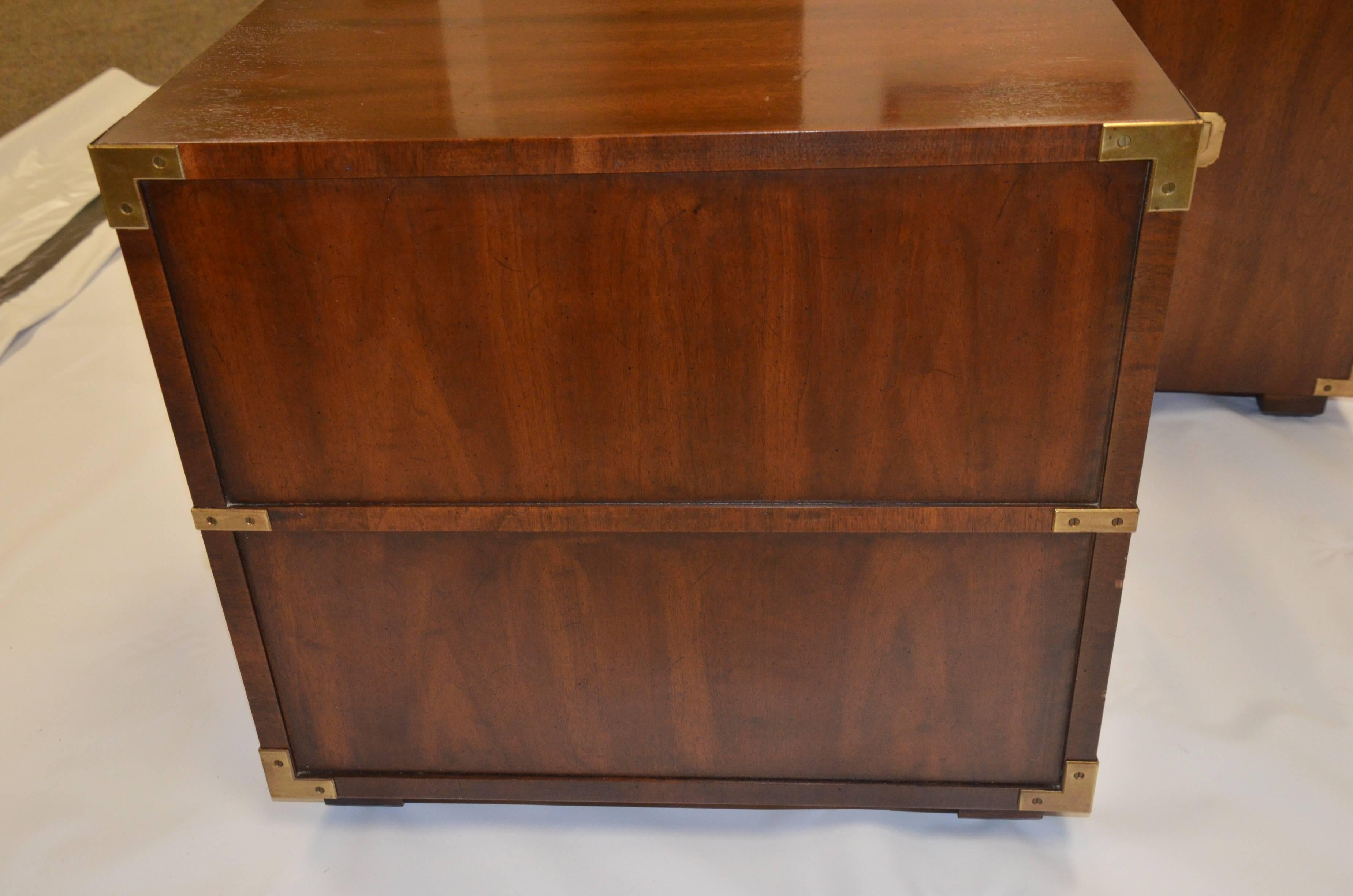 Pair of Campaign Nightstands in Walnut and Brass by Henredon 1