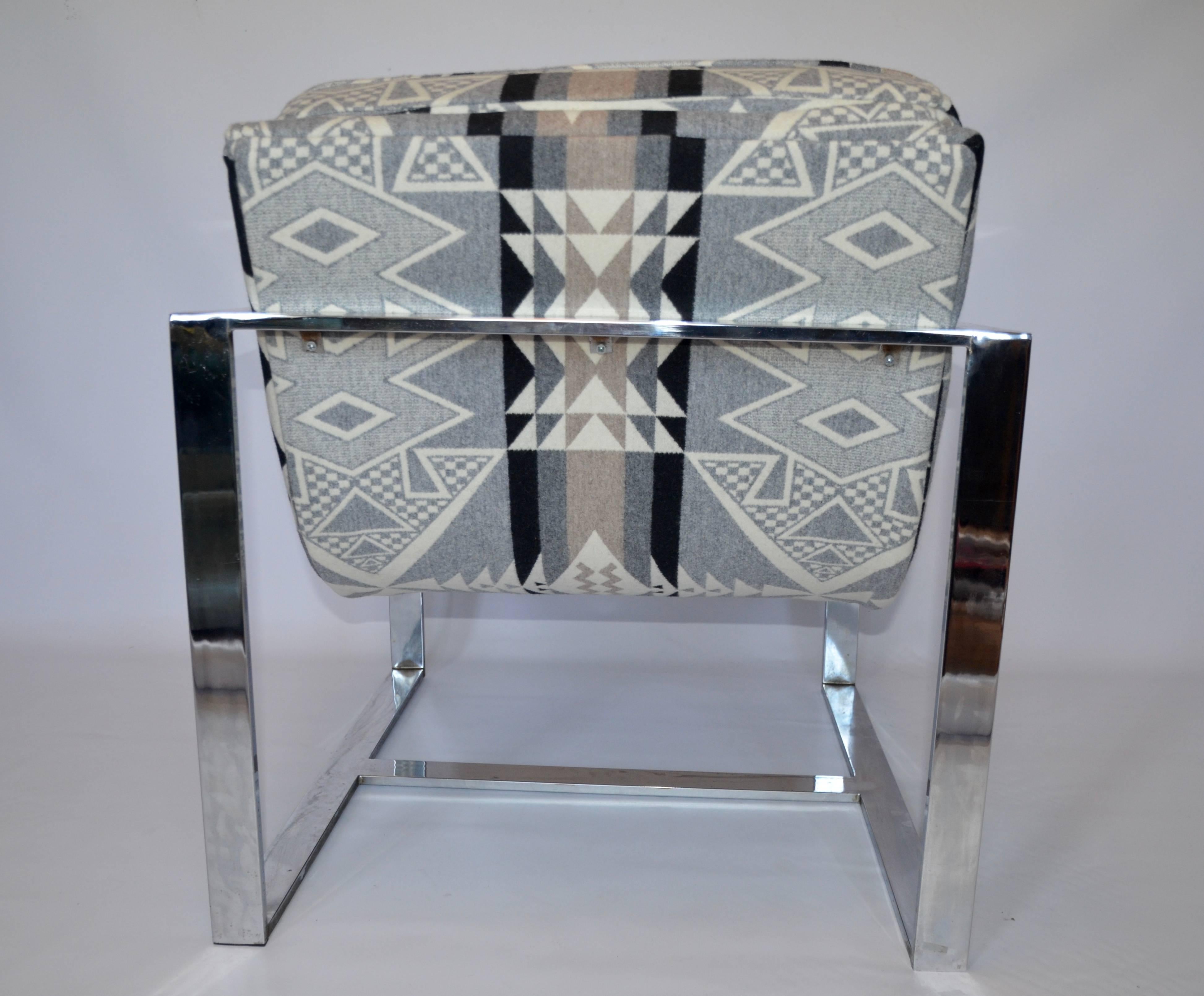 Milo Baughman Style Chrome Lounge Chair with Pendleton Upholstery In Good Condition For Sale In New York, NY