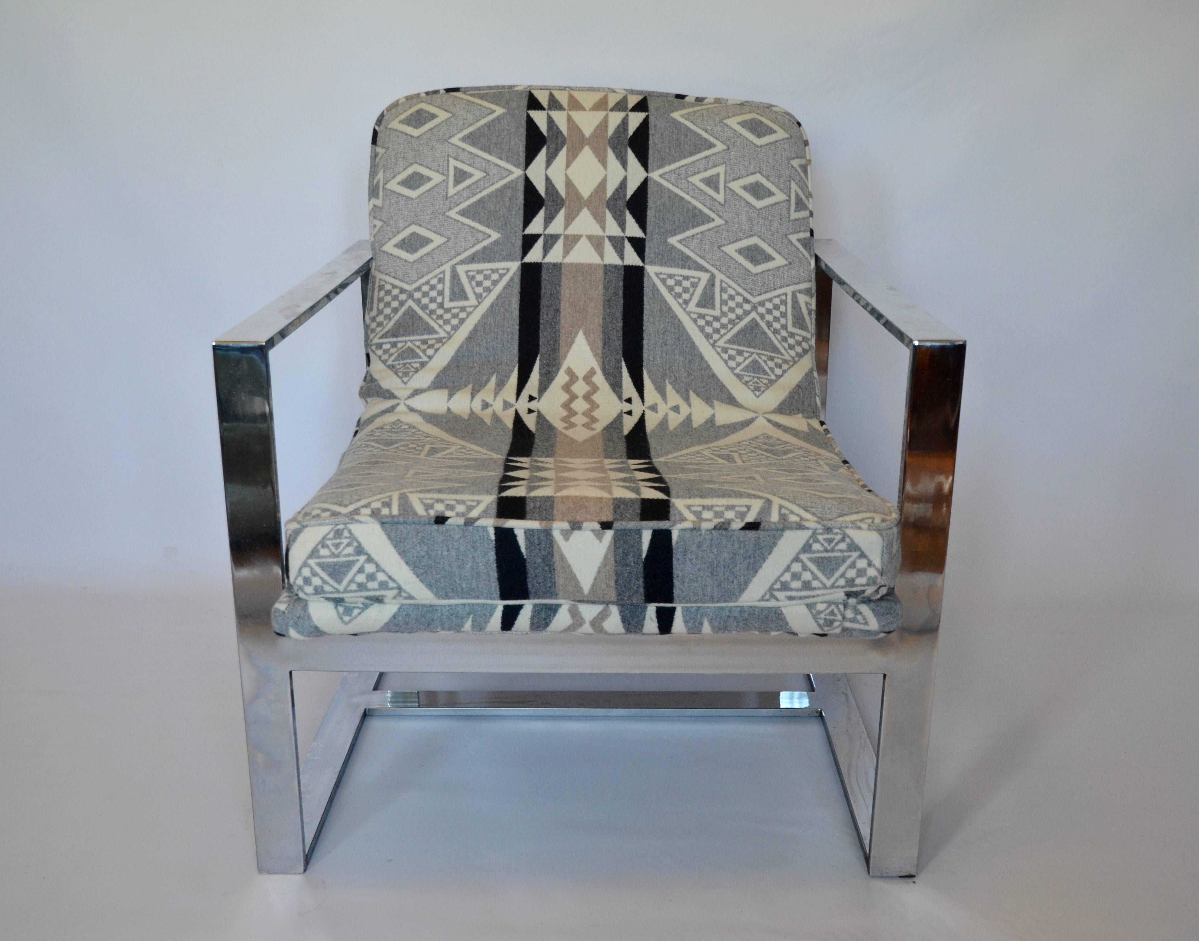 Late 20th Century Milo Baughman Style Chrome Lounge Chair with Pendleton Upholstery For Sale