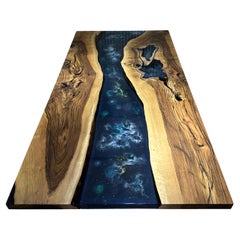 Live Edge Walnut River Dining Table with Custom Cosmic Blue Epoxy Resin