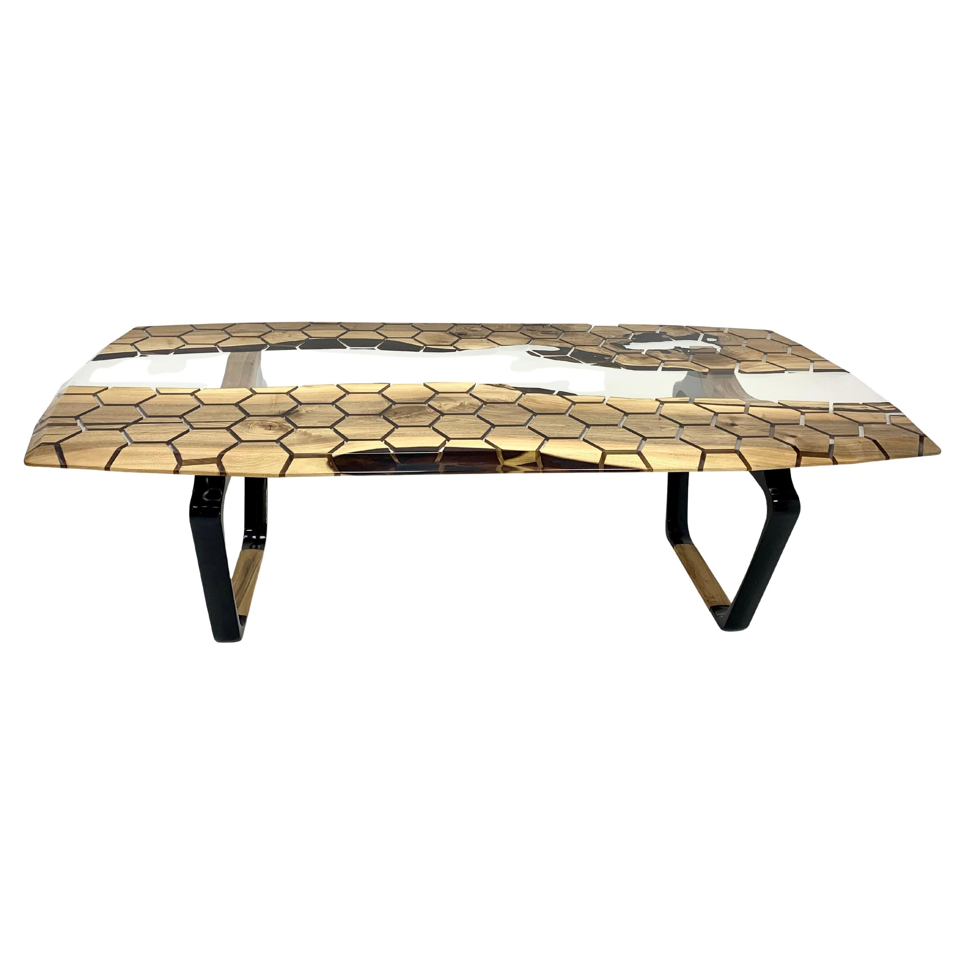 Sculptural Hexagonal Dining Table in Solid Walnut with a Clear Epoxy River For Sale