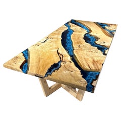 Mappa Burl Deep Blue Epoxy Resin River Custom Dining Wood Table