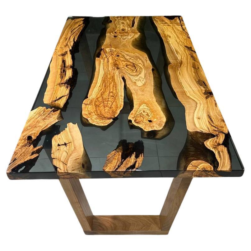 Black Transparent Olive Epoxy Resin River Table - Kitchen Dining Table