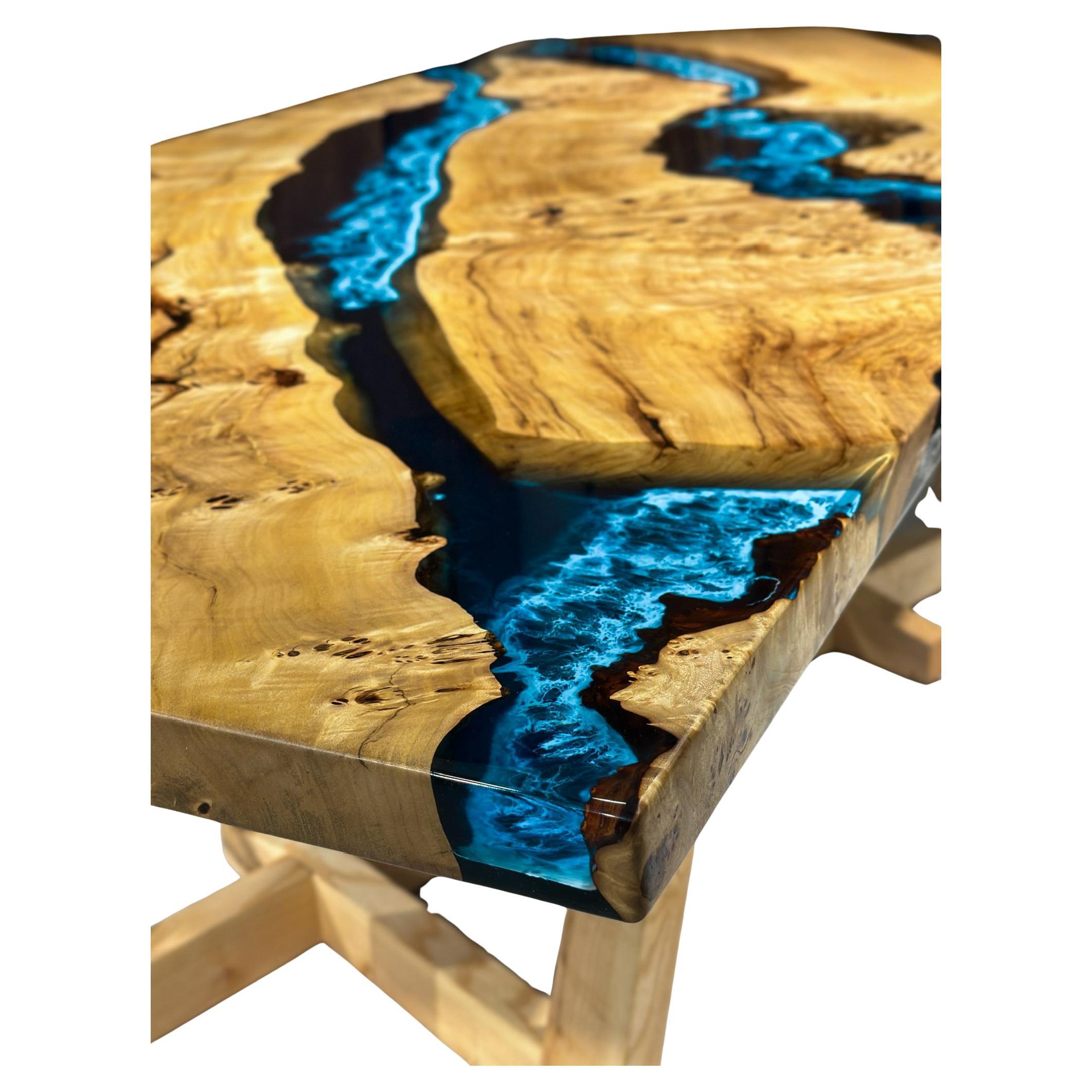 Tavolo da pranzo Mappa Burl Wood Blu in resina epossidica - Tavolo in resina personalizzato