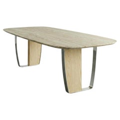 Italienischer Travertin-Tisch mit Schweizer Kante 
Esche Basis mit Silber Metallrahmen