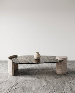 Table basse en verre et travertin « Fusion » - Table basse en travertin naturel