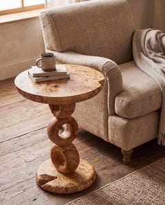 Sculptural Mappa Burl Wood Side Table with Rotating Ring Pedestal, End Table